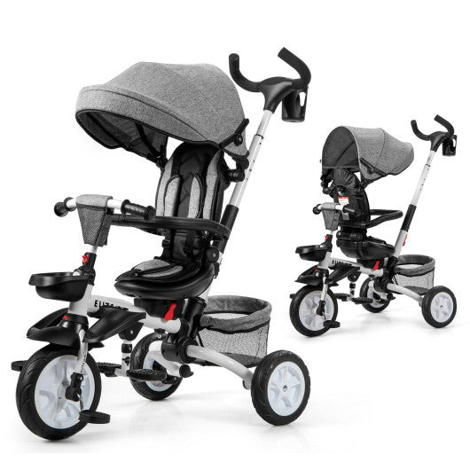 6-in-1 Detachable Kids Baby Stroller Tricycle with Canopy and Safety Harness-Gray