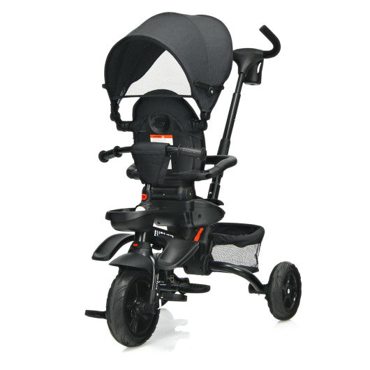 6-in-1 Detachable Kids Baby Stroller Tricycle with Canopy and Safety Harness-Black