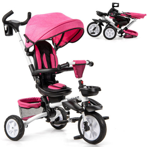 6-in-1 Detachable Kids Baby Stroller Tricycle with Canopy and Safety Harness-Pink