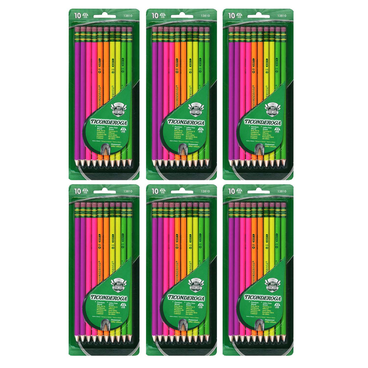 Premium Neon Wood No. 2 Pencils with Eraser, 10 Per Pack, 6 Packs