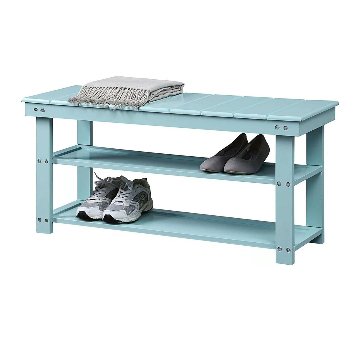 Sea Foam Aqua Blue Wood 2-Shelf Shoe Rack Storage Bench for Entryway or Closet