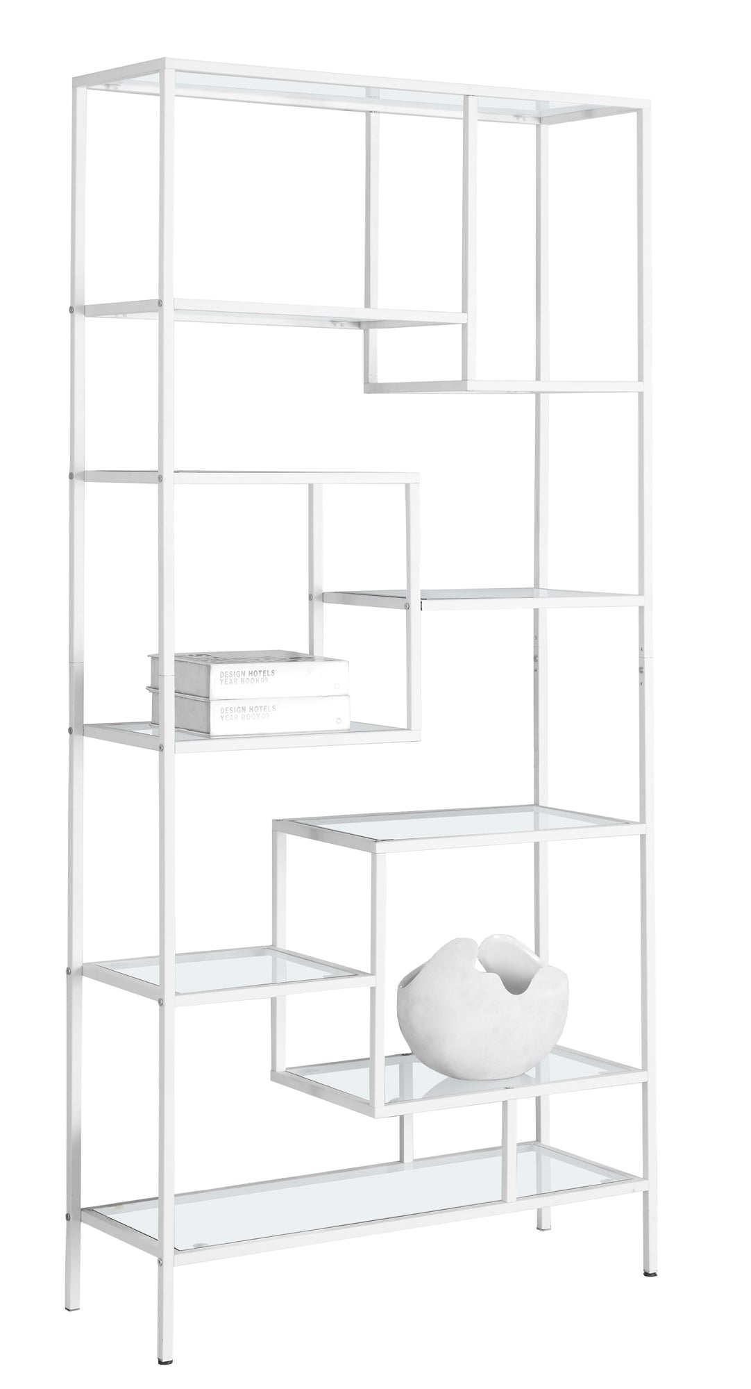 12" x 32" x 72" White Clear Tempered Glass Metal Bookcase