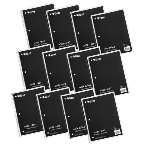 1-Subject Notebook, 70 Page, Wide Ruled, Black, Pack of 12