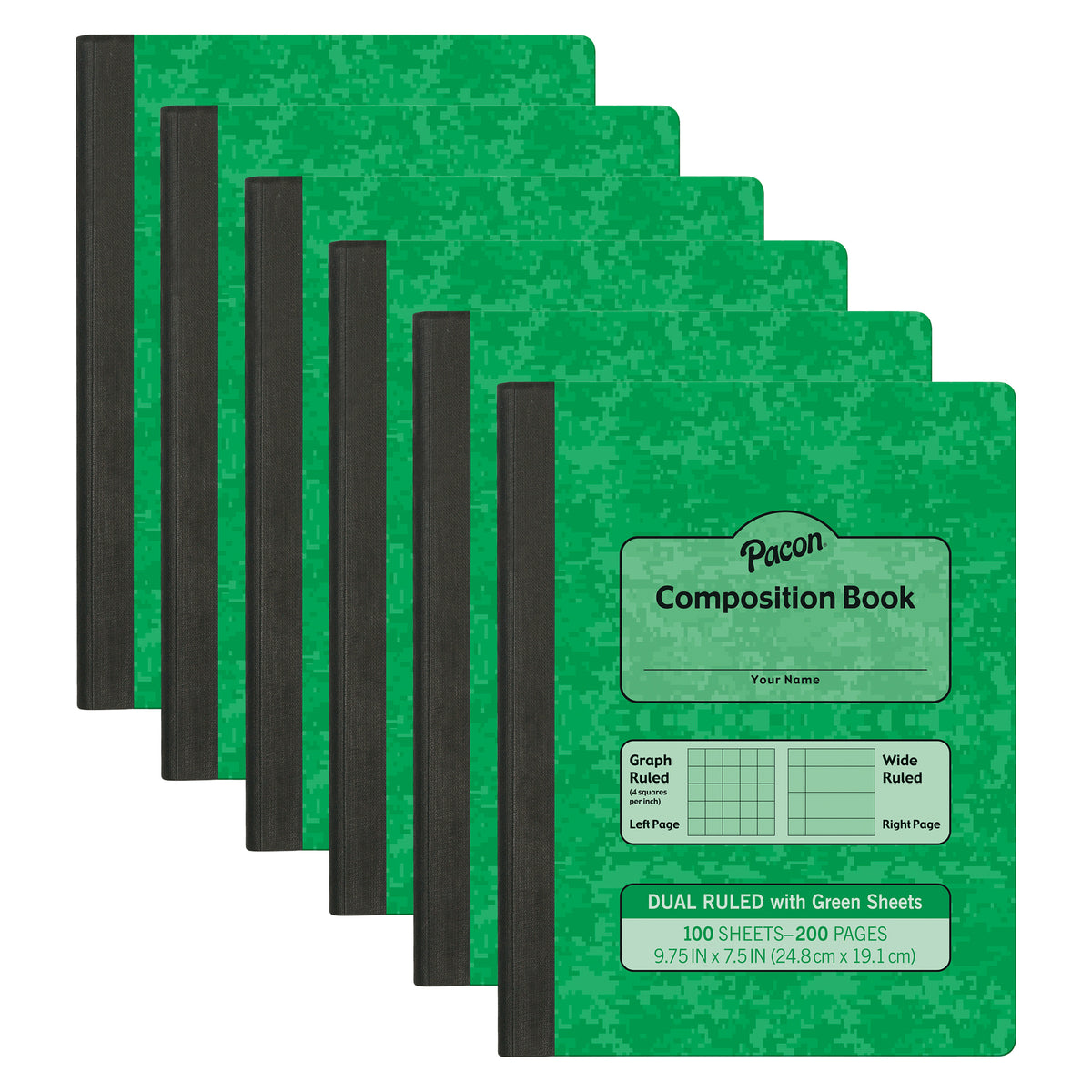 Dual Ruled Composition Book, Green, 1/4 in grid and 3/8 in (wide) 9-3/4" x 7-1/2", 100 Sheets, Pack of 6