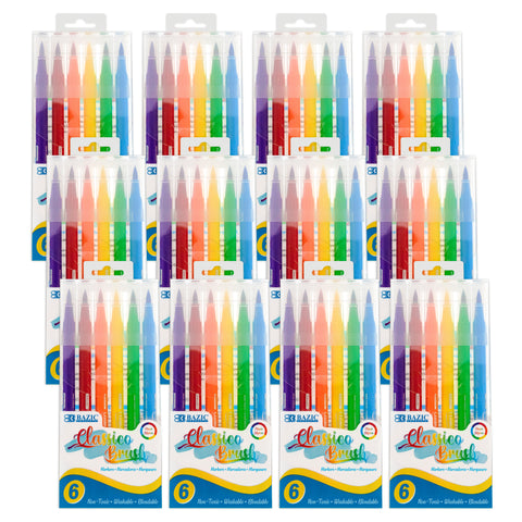 Washable Brush Markers, Classic Colors, 6 Per Pack, 12 Packs