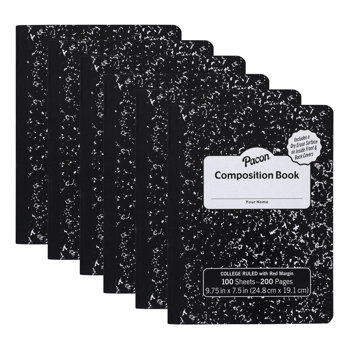 Composition Book, Black Marble, 9/32 in ruling with red margin 9-3/4" x 7-1/2", 100 Sheets, Pack of 6