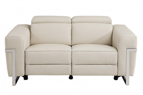 65" Beige Italian Leather and Stainless Reclining Love Seat