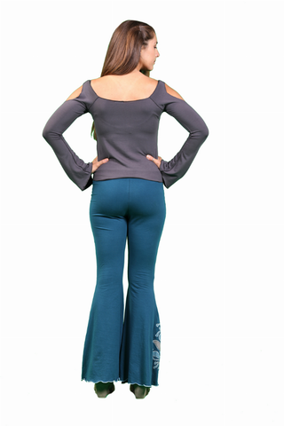 SHANTI PANTS Cotton Lycra Bell Bottom Yoga Pants With Flower Print, Cut Out & Embroidery