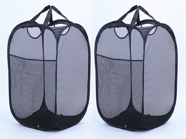 Mesh Pop Up Laundry Basket With Side Pocket (Black)