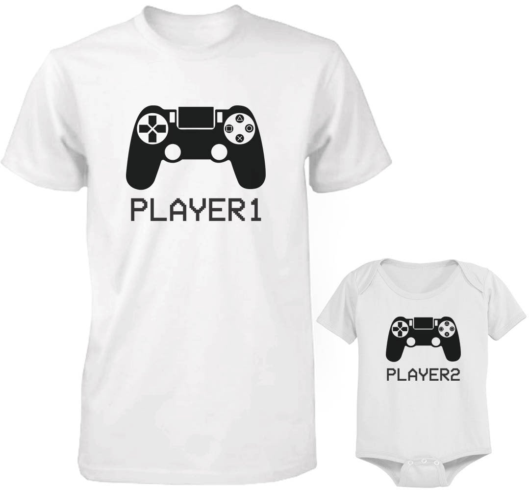 Daddy and Baby Matching White T-Shirt / Bodysuit Combo - Player1 and Player2