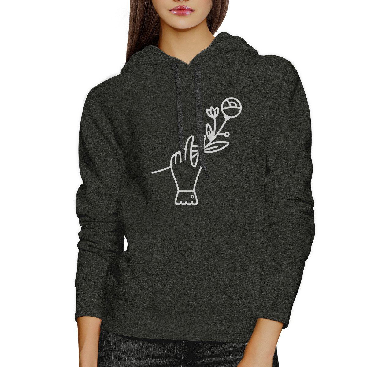 Hand Holding Flower Unisex Dark Gray Craw Neck Pullover Hoodie