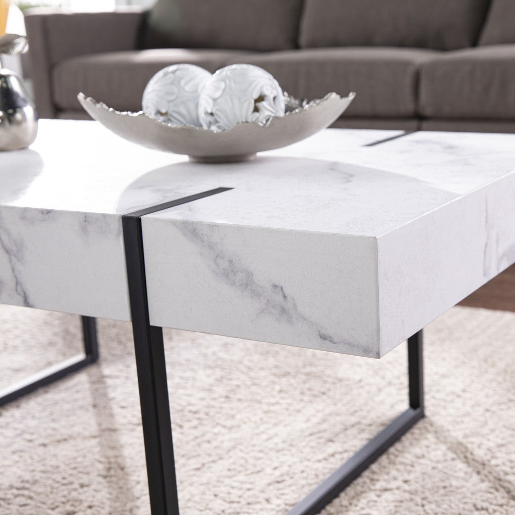 43" White Faux Marble And Metal Rectangular Coffee Table