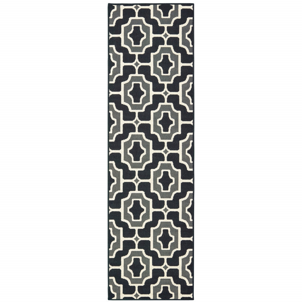 2' X 8' Black Geometric Stain Resistant Indoor Outdoor Area Rug