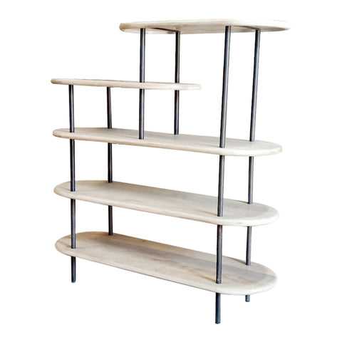 58" Whitewash Solid Wood and Gray Iron Five Tier Oval Bookcase