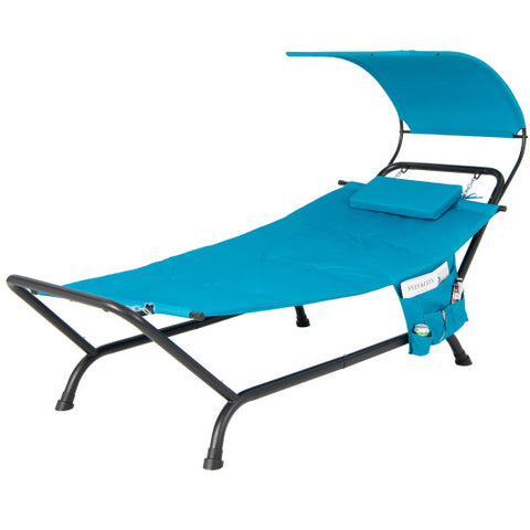 Patio Hanging Chaise Lounge Chair with Canopy Cushion Pillow and Storage Bag-Navy