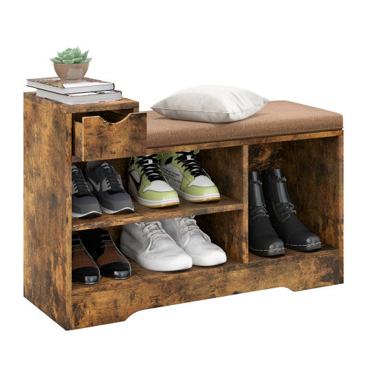 Entryway Storage Shoe Bench with 1 Storage Drawer and 3 Open Compartments-Rustic Brown