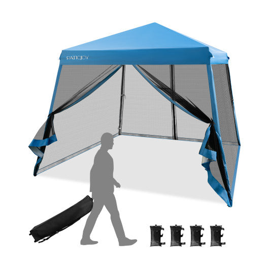 10 x 10 Feet Pop Up Canopy with with Mesh Sidewalls and Roller Bag-Blue