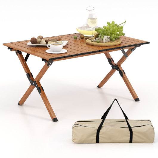 Folding Lightweight Aluminum Camping Table with Wood Grain-M