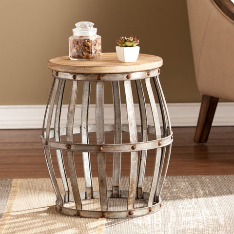 18" Silver And Natural Manufactured Wood Round End Table