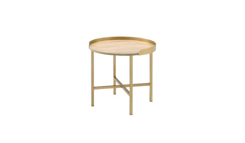 22" Gold And Oak Manufactured Wood And Metal Round End Table