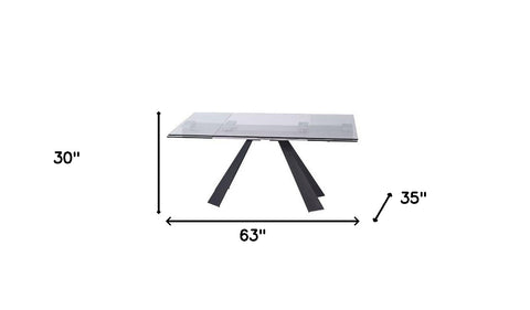 63" Glass and Black Extendable Dining Table With Accordion Metal Base