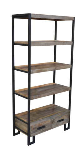 71" Rustic Distressed Solid Wood Oak And Black Four Tier Etagere Bookcase