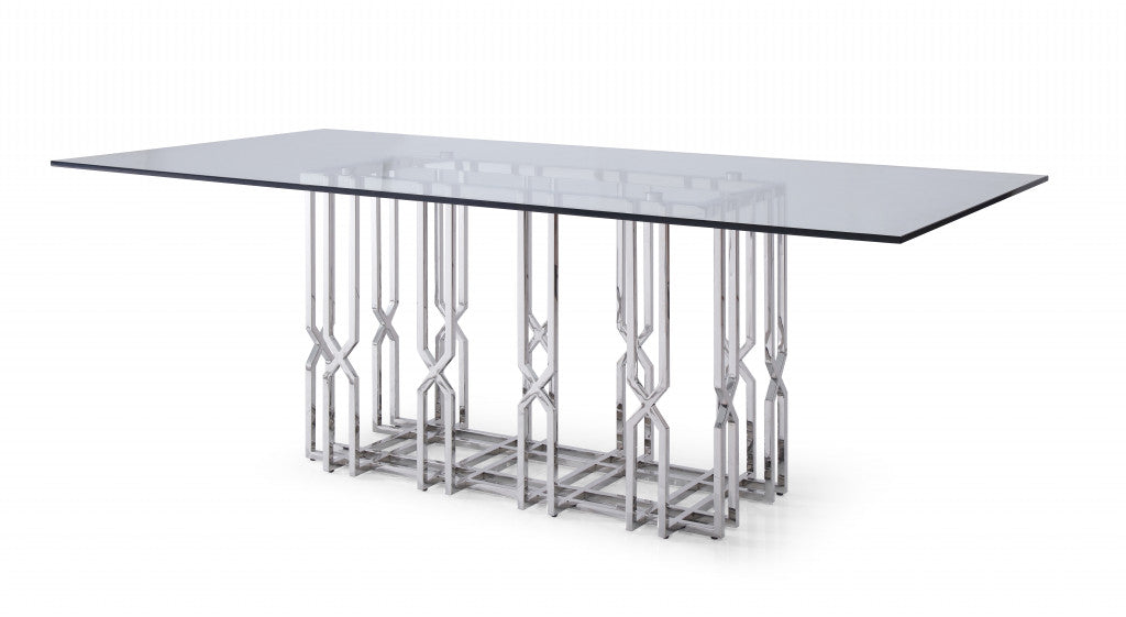 87" Clear And Chrome Rectangular Glass And Stainless Steel Dining Table