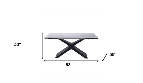 63" Glass and Black Extendable Rectangular Dining Table With X Metal Base