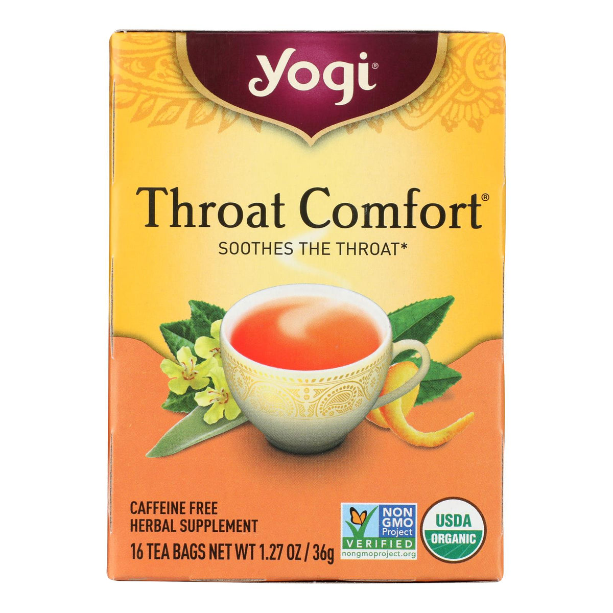 Yogi Organic Throat Comfort Herbal Tea Caffeine Free - 16 Tea Bags - Case Of 6