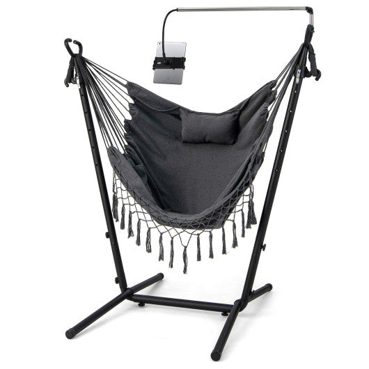 Height Adjustable Hammock Chair with Phone Holder and Side Pocket-Gray