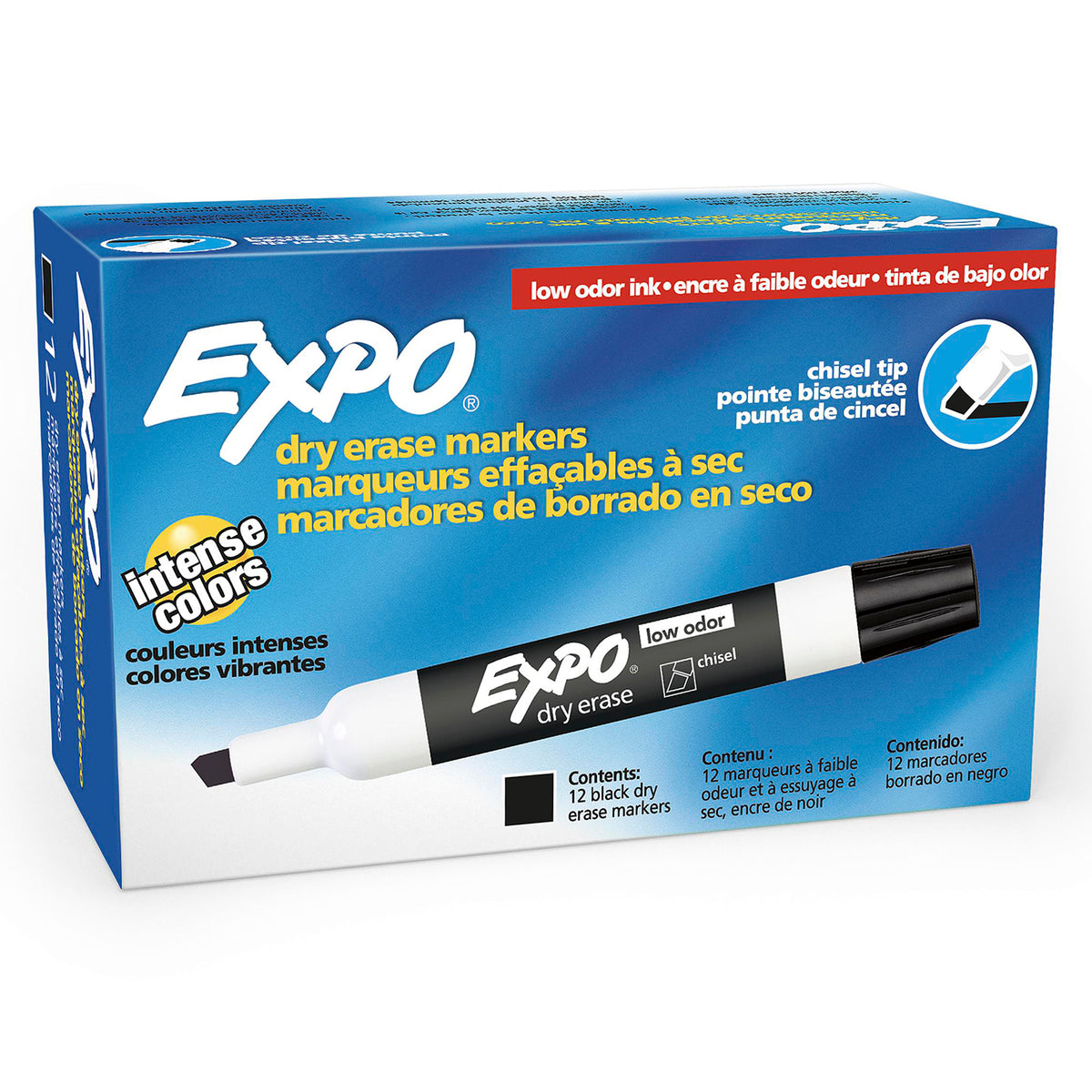 Low-Odor Dry Erase Markers, Chisel Tip, Black, Box of 12