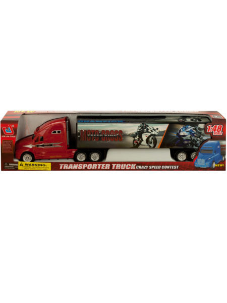 Friction Powered Trailer Truck with Motorcycle Decals (Available in a pack of 2)