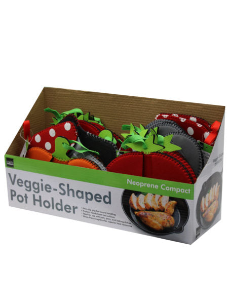 Neoprene compact veggie-shaped pot holder countertop display (Available in a pack of 12)