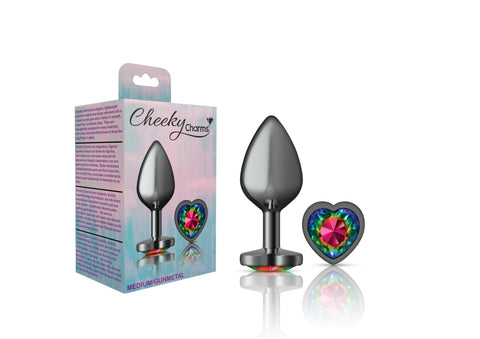 Cheeky Charms - Gunmetal Metal Buttplug - Heart - Rainbow - Medium