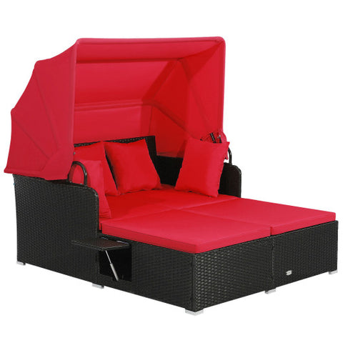 Patio Rattan Daybed with Retractable Canopy and Side Tables-Red