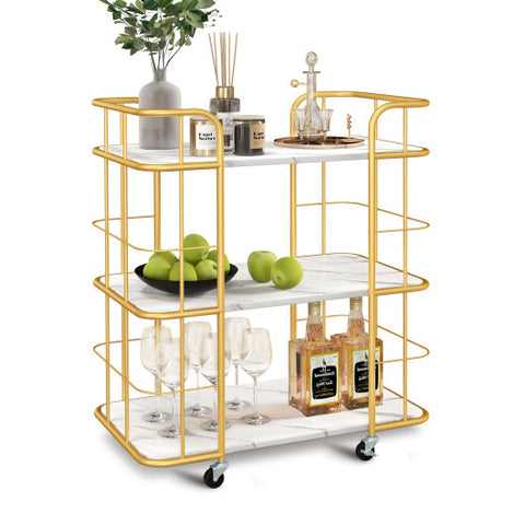 3-Tier Metal Kitchen Storage Serving Cart Trolley with Marble Tabletop and Handles-Golden