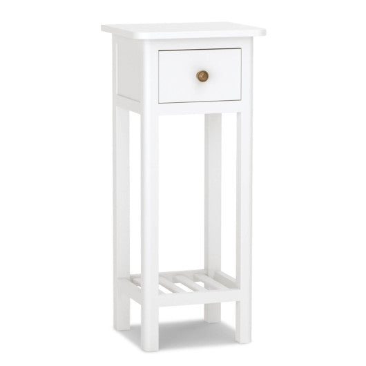 2 Tier Slim Nightstand Bedside Table with Drawer Shelf-White