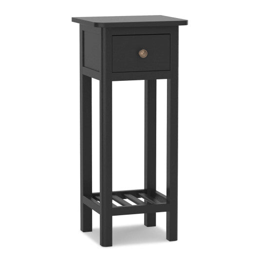 2 Tier Slim Nightstand Bedside Table with Drawer Shelf-Black