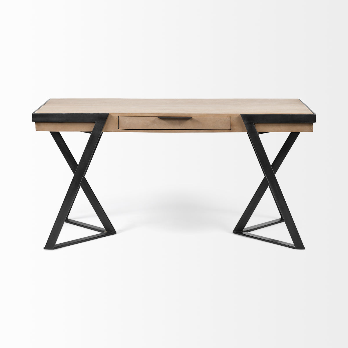 Solid Mango Wood Finish Writing Desk With Single Storage And Black Triangular Iron Legs