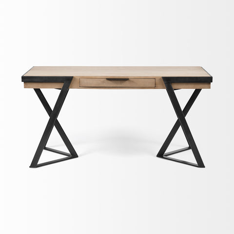 Solid Mango Wood Finish Writing Desk With Single Storage And Black Triangular Iron Legs