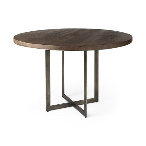 Rustic Brown Round Wood and Metal Dining Table