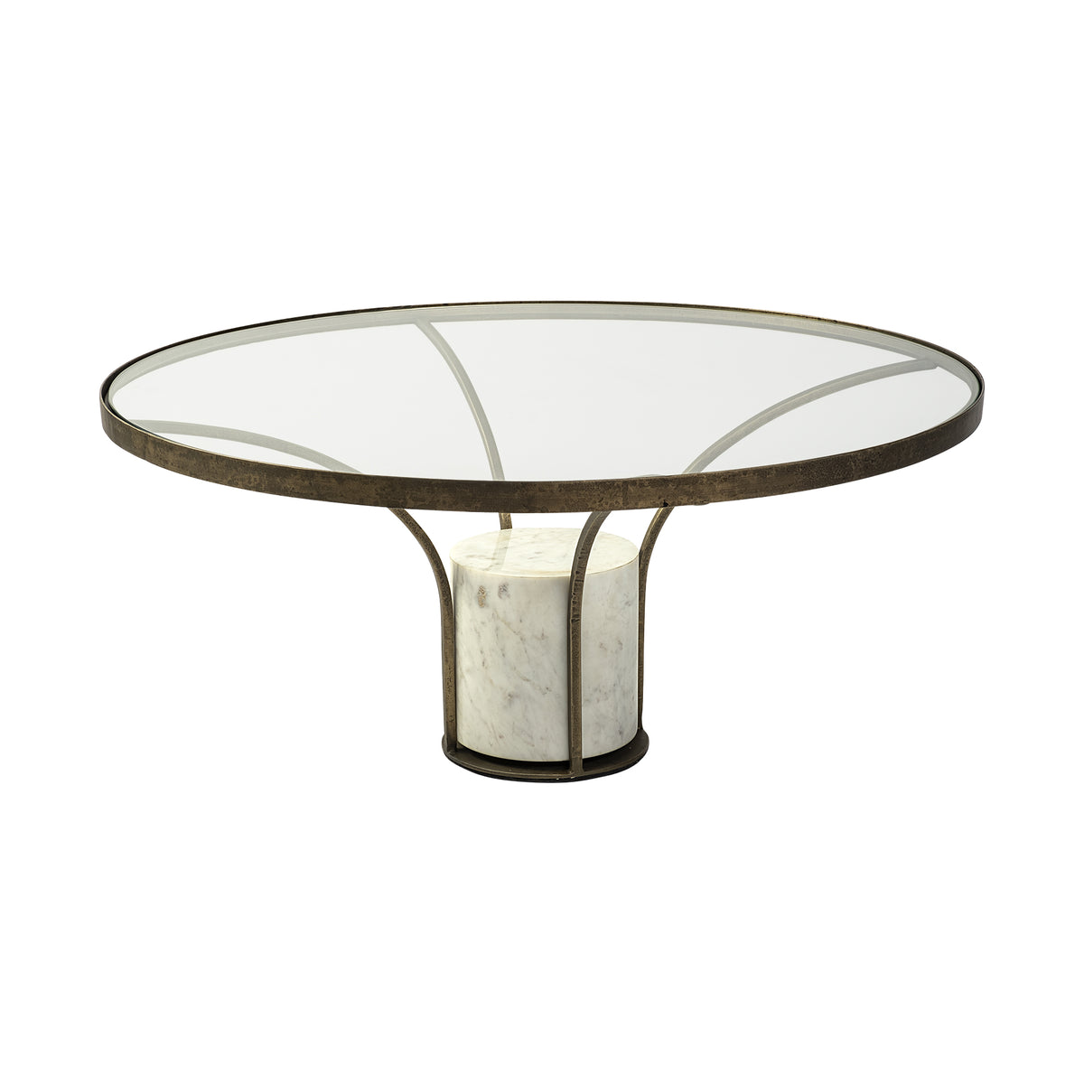 36" Round Glass Top Metal And Marble Pedestal Coffee Table