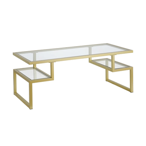 45" Gold Glass Rectangular Coffee Table With Two Shelves