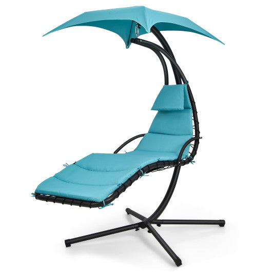 Hanging Curved Steel Swing Chaise Lounger with Removable Canopy-Turquoise