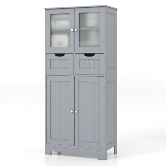 4 Door Freee-Standing Bathroom Cabinet with 2 Drawers and Glass Doors-Gray