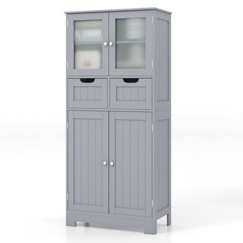 4 Door Freee-Standing Bathroom Cabinet with 2 Drawers and Glass Doors-Gray