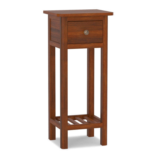 2 Tier Slim Nightstand Bedside Table with Drawer Shelf-Brown