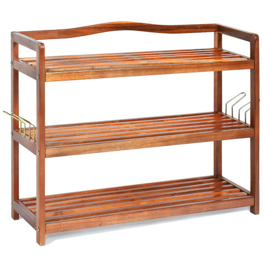 3-Tier Acacia Wood Shoe Rack with Side Metal Hooks