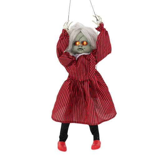 2.8 FT Halloween Animated Creepy Doll on a Swing with Pre-Recorded Phrases and LED Glowing Eyes