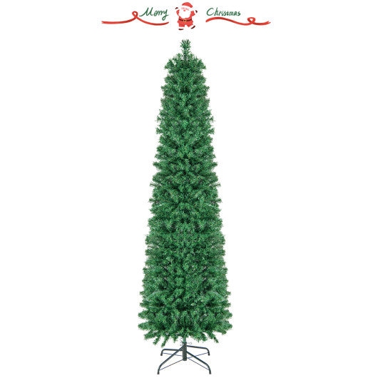 5/6/7/8 FT Pre-Lit Christmas Pencil Tree with Colorful Fiber Optics Green-7 ft